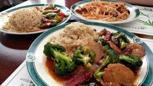 Orange chicken, general Tsos chicken, roast pork lo mein at Veggie Heaven in Montclair