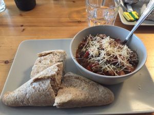 ratatouille with vegan cheese and a wholemeal baguette at Peagreen Kitchen in Torquay