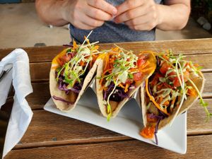 Tacos, vegan of course, and so delicious! at Healthy Mama in Tecumseh
