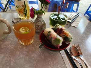 Spring rolls and home-made ice tea. at Fei Scho in Munich