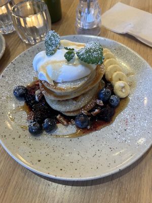 American pancakes with maple syrup, blueberries and blackberries   at Mahalo - Hornsgatan in Stockholm