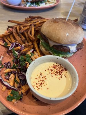 Homemade burger with sweet potato fries  at Mahalo - Hornsgatan in Stockholm