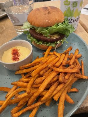 Vegan burger with sweet potato fries.  at Mahalo - Hornsgatan in Stockholm