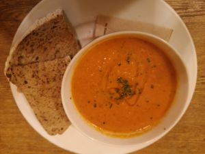 Vegan soup of the day, red pepper, tomato and chilli at The Bristolian in Bristol