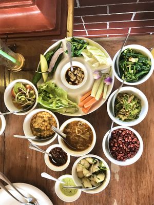 All of the sides that came with our two entree dishes  at Mingalabar Myanmar Restaurant in Mandalay