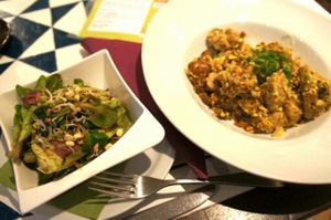 Scrambled 'eggs' and salad with the special 'secret' dressing - perfect! at GustaV in Salzburg