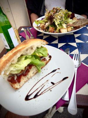 Sandwich of the day (surprise every time!) and GustaV salad, both were great! at GustaV in Salzburg