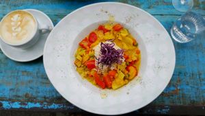 vegetable stew, rice and capuccino at GustaV in Salzburg