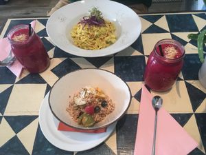 Dish of the day (spaghetti with tumeric, cauliflower and orange sauce) + healthy breakfast  at GustaV in Salzburg