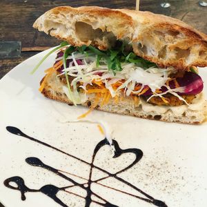 Pumpkin chickpea patty sandwich with beetroot ketchup  at GustaV in Salzburg