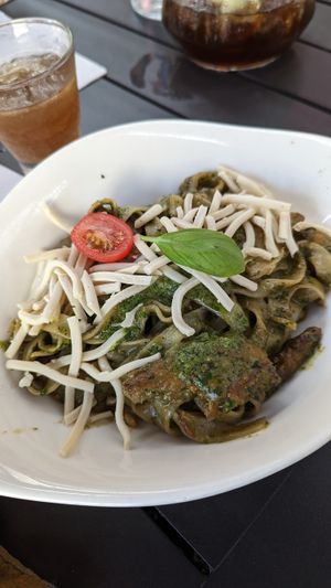 Vegan pesto fettuccine with plant based chicken at Vapiano in Surfers Paradise