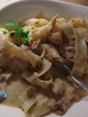 creamy mushroom fettucini with plant-based chicken at Vapiano - Flinders Lane in Melbourne