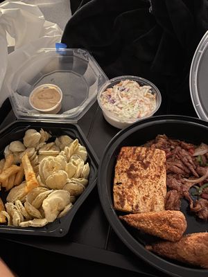 Vegan sampler platter (vegan chili not pictured) and fried pickles with a chipotle aioli (also vegan) at Smoke and Barrel in Washington