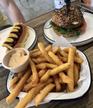 Classic hot dog, just beef burger and herbed fries  at Soul Burger in Randwick