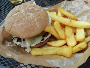 Seitan burger with garlic sauce and fries yummi at Green Bus in Wroclaw