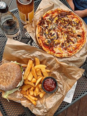 Burger some fries and pizza  at Green Bus in Wroclaw