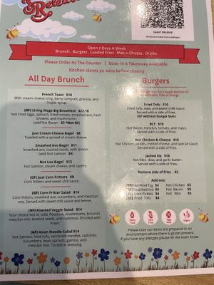 Menu at Sweet Release in Wellington