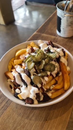 Loaded fries with no rib chunks, mayo, bbq sauce and pickles at Sweet Release in Wellington
