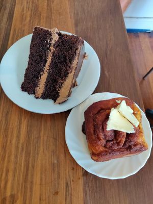 Cinnabun and a (huge!) slice of chocolate cake at Sweet Release in Wellington