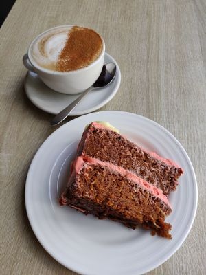 Chai latte with a (big!) piece of carrot cake at Sweet Release in Wellington