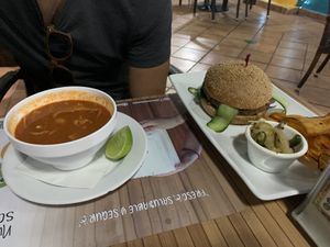 Tortilla soup and vegan burger  at 100% Natural in Cancun