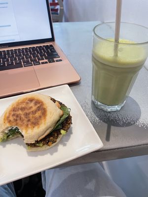 Vegan Wake-Up breakfast sandwich and matcha lattes (almond, no honey)  at Cafe Oranje in Hamilton