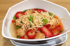 Yummy “BBQ pork “ with noodles  at Walee Vegetarian in Bangkok