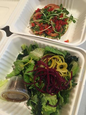 Pesto pizza with side salad at Seed to Leaf Organics in Santa Rosa