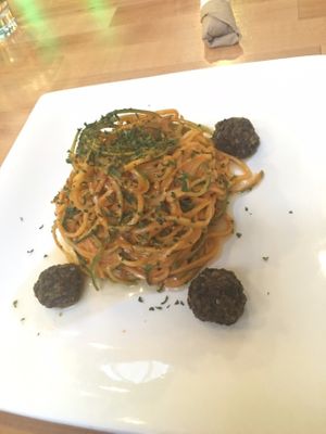 Zucchini pasta with mushroom balls  at Seed to Leaf Organics in Santa Rosa