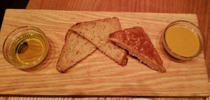 Toast, superb olive oil, pepper dip at Miss Kaplan in Tel Aviv