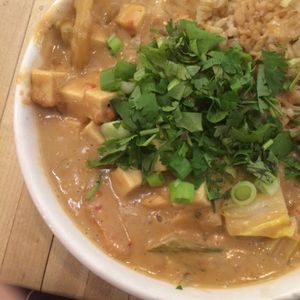 Malaysian peanut tofu rice bowl: vegan at Gabriel's Cafe in Nanaimo