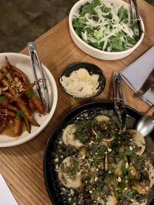 Maple roasted carrots with peanuts and chilli, greens with fennel and potato ravioli with mushrooms (all onion free) at The Independent in Gembrook