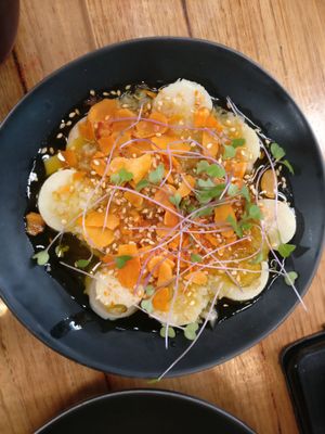 Palm Heart Cevich -green chilli, spiced salt, shallots and so much more at The Independent in Gembrook