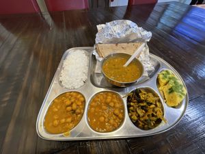 Delicious food. Lentils Dhal and Chana Masala at Sattvik Foods in San Diego