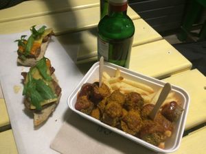 Sandwich, Currywurst and an alcohol-free Beer.  at VegVeg in Karlsruhe