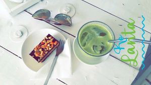 raw peanut slice and matcha latte at Pure Koh Lanta in Koh Lanta