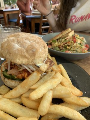 Vegan tofu and kimchi burger, vegan soba noodle salad  at Kallista Tea Rooms in Kallista