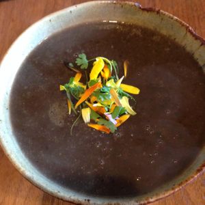 my soup has flowers in it! at Avanti Cafe in Costa Mesa