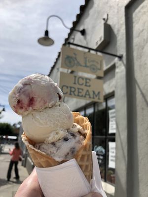 Cherry Almond, Lemon Cream, and Cookies and Cream on a waffle cone—all vegan and 100% delicious! at Curbside Creamery in Oakland