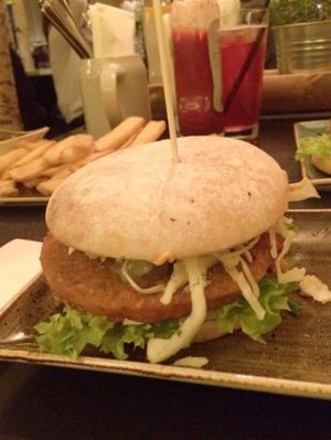 Vegan curcuma spelt burger at Hans im Glück in Dusseldorf