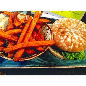Vegan burger and sweet potato fries at Hans im Glück in Dusseldorf