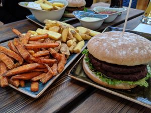 Burger with double patty and fries at Hans im Glück in Dusseldorf