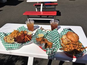 Combo plate, hush puppies and BBQ soycurl sando (I think). at Homegrown Smoker in Portland