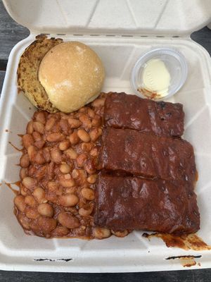 Combo plate with tempeh ribs and BBQ Beans  at Homegrown Smoker in Portland