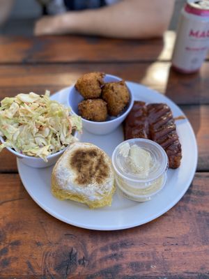 Beyond/Jackfruit ribs, hush puppies and coleslaw   at Homegrown Smoker in Portland