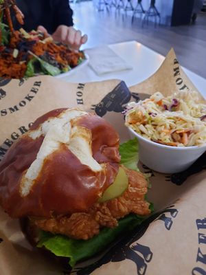 Vegan fried "chicken" sandwich, coleslaw at Homegrown Smoker in Portland