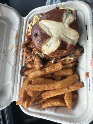 BBQ soy curl sandwich with fries - delicious #Veganuary at Homegrown Smoker in Portland