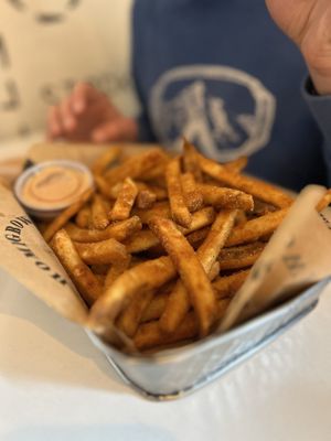 Side of fries with sauce   at Homegrown Smoker in Portland