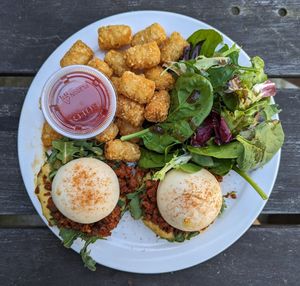poached "eggs" with tots and salad at Homegrown Smoker in Portland