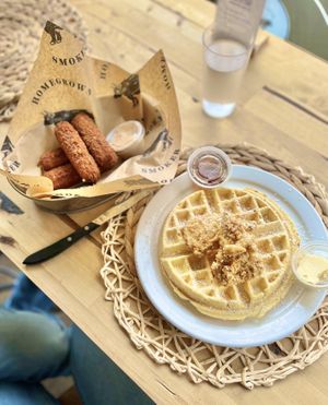 Mozz Sticks and Chick’n & Waffles  at Homegrown Smoker in Portland